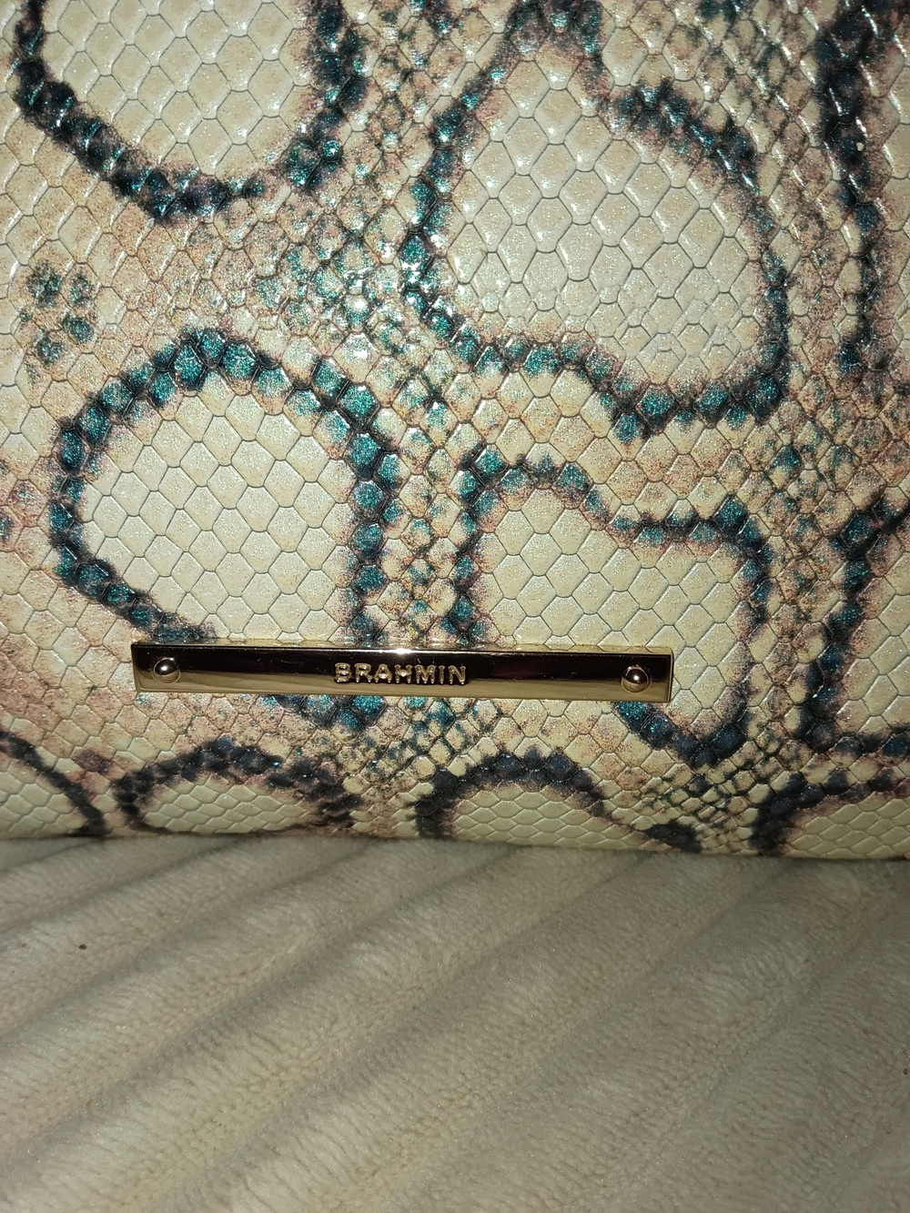 Brahmin Snakeskin-Embossed Leather Crossbody - Cream & Teal